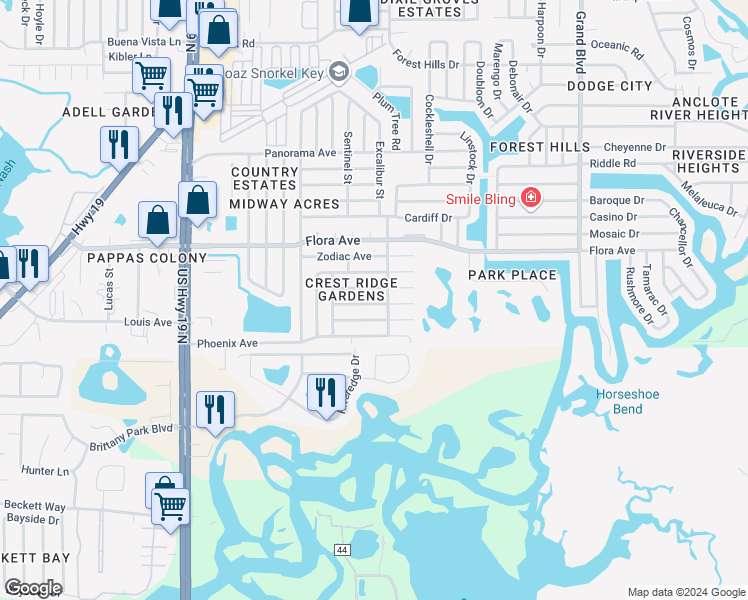 map of restaurants, bars, coffee shops, grocery stores, and more near 4935 Colonnade Avenue in Holiday