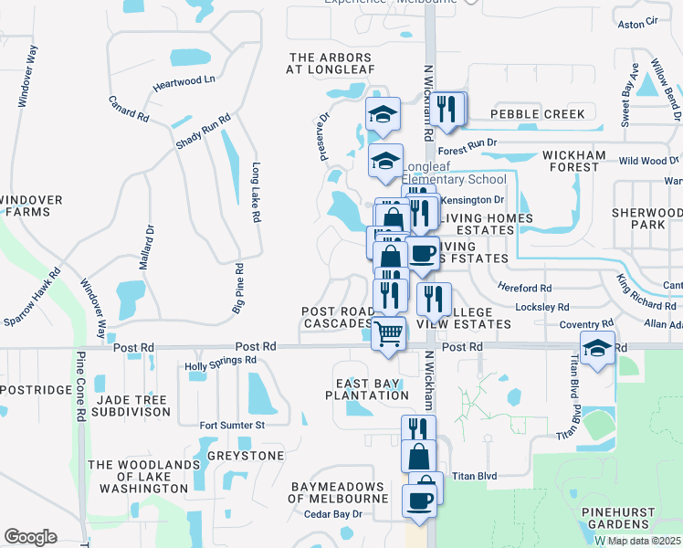 map of restaurants, bars, coffee shops, grocery stores, and more near 4212 Chelan Drive in Melbourne