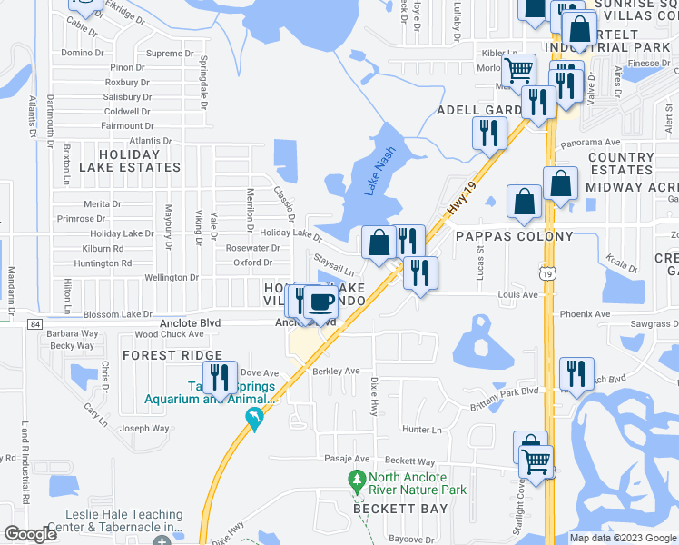 map of restaurants, bars, coffee shops, grocery stores, and more near 3844 Staysail Lane in Holiday