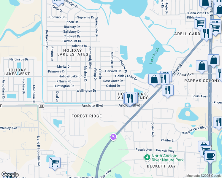 map of restaurants, bars, coffee shops, grocery stores, and more near 1051 Conoley Lane in Holiday