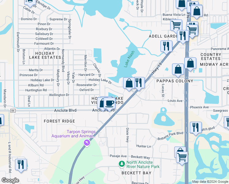 map of restaurants, bars, coffee shops, grocery stores, and more near 3838 Staysail Lane in Holiday