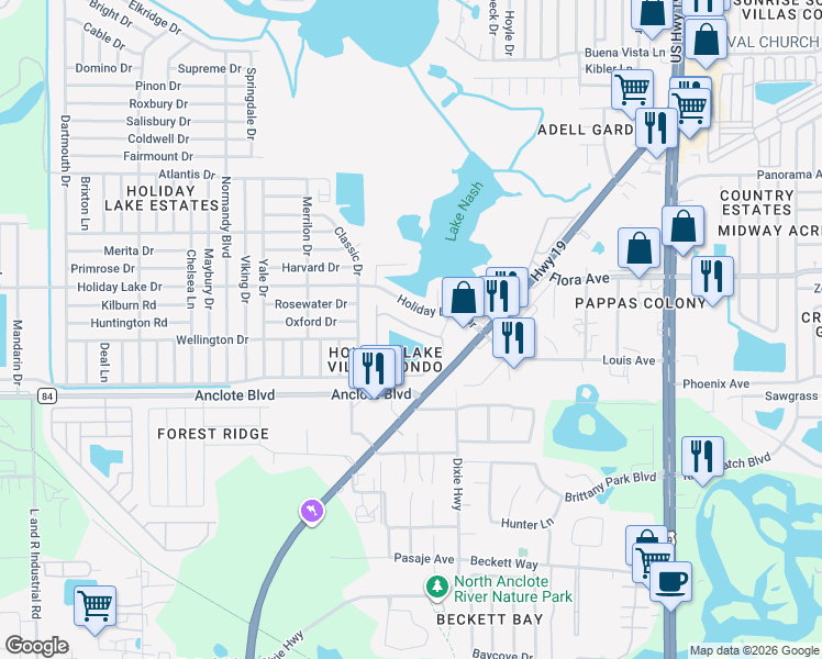map of restaurants, bars, coffee shops, grocery stores, and more near 3834 Staysail Lane in Holiday