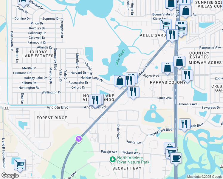 map of restaurants, bars, coffee shops, grocery stores, and more near 3928 Sailmaker Lane in Holiday