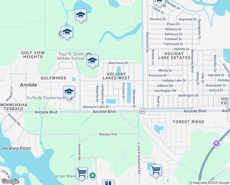 map of restaurants, bars, coffee shops, grocery stores, and more near 2722 Tung Drive in Holiday