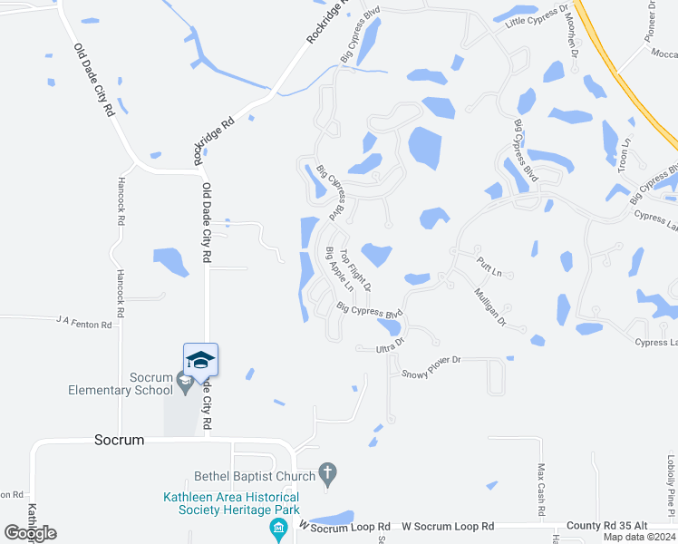 map of restaurants, bars, coffee shops, grocery stores, and more near Big Apple Lane in Lakeland