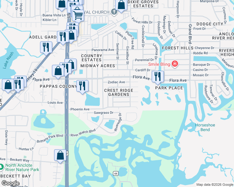 map of restaurants, bars, coffee shops, grocery stores, and more near 1048 Powersong Street in Holiday