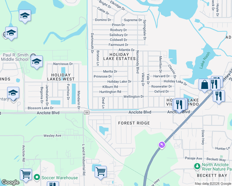 map of restaurants, bars, coffee shops, grocery stores, and more near 3208 Kilburn Road in Holiday