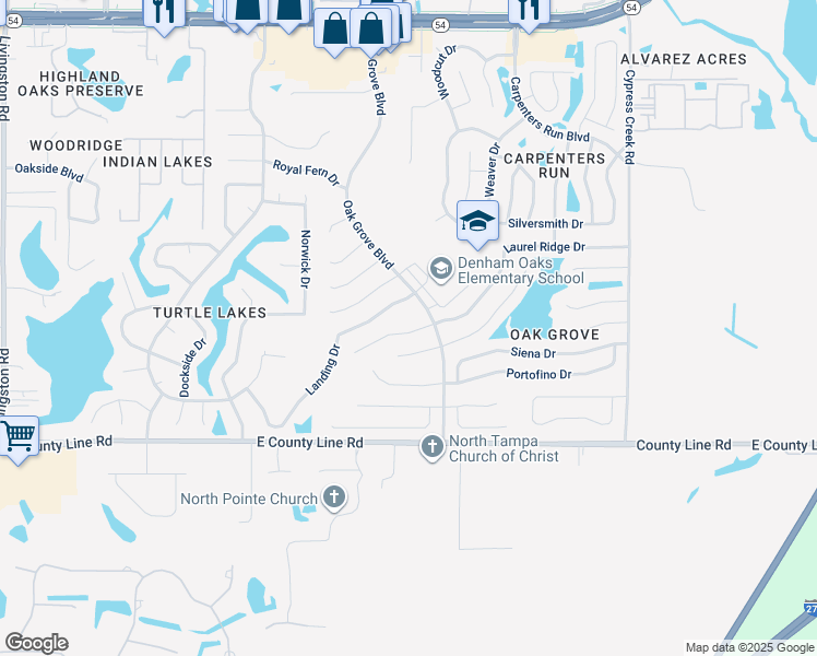 map of restaurants, bars, coffee shops, grocery stores, and more near 24437 Mistwood Court in Lutz