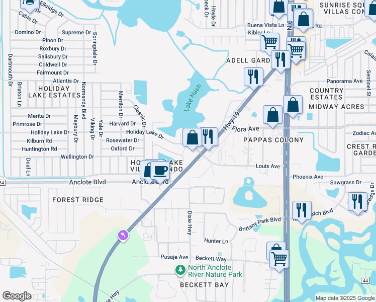 map of restaurants, bars, coffee shops, grocery stores, and more near 3923 Holiday Lake Drive in Holiday
