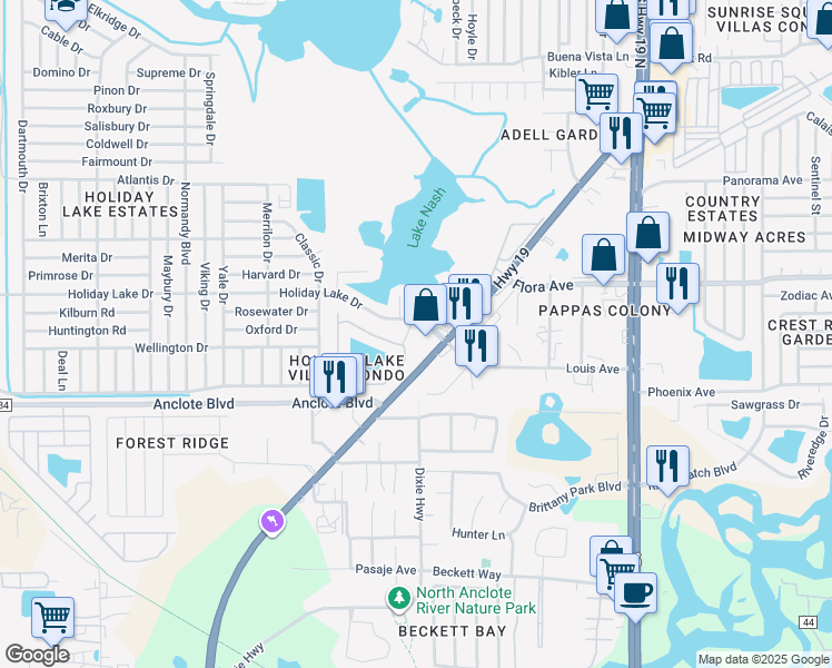 map of restaurants, bars, coffee shops, grocery stores, and more near 3923 Holiday Lake Drive in Holiday