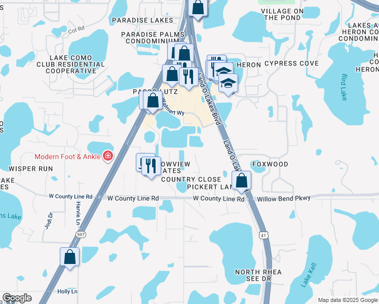 map of restaurants, bars, coffee shops, grocery stores, and more near 1221 Country Close Drive in Lutz
