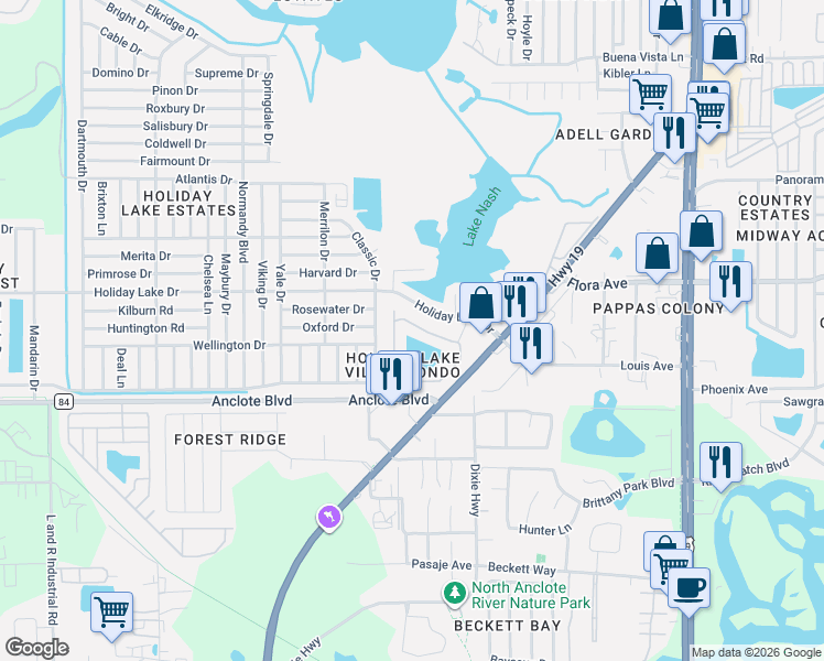 map of restaurants, bars, coffee shops, grocery stores, and more near 3806 Staysail Lane in Holiday