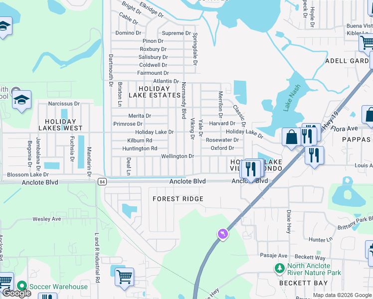 map of restaurants, bars, coffee shops, grocery stores, and more near 1153 Normandy Boulevard in Holiday