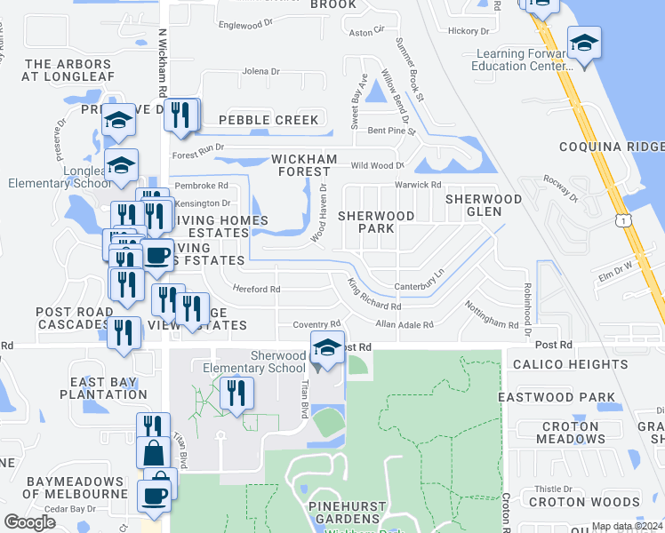 map of restaurants, bars, coffee shops, grocery stores, and more near 2516 King Richard Road in Melbourne