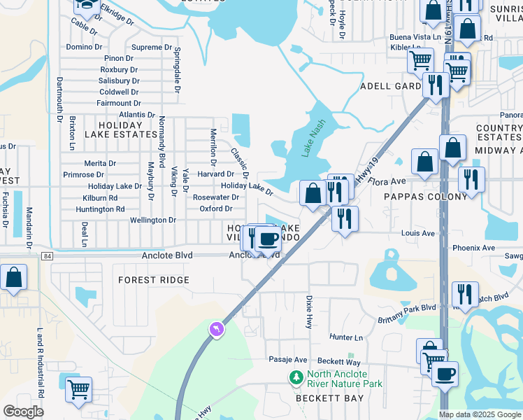 map of restaurants, bars, coffee shops, grocery stores, and more near 1141 Bowsprit Lane in Holiday