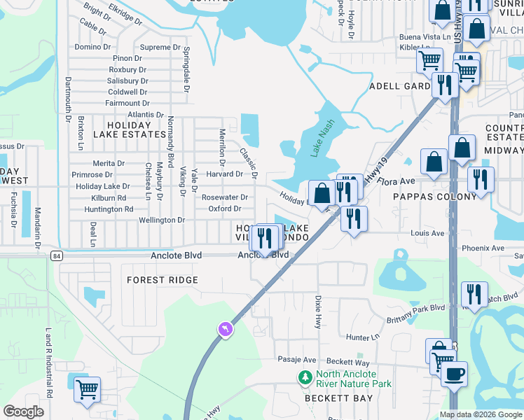 map of restaurants, bars, coffee shops, grocery stores, and more near 1121 Bowsprit Lane in Holiday