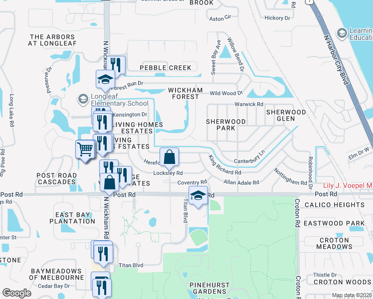 map of restaurants, bars, coffee shops, grocery stores, and more near 4265 Wood Haven Drive in Melbourne