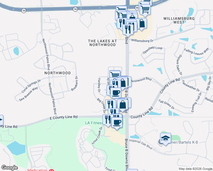map of restaurants, bars, coffee shops, grocery stores, and more near 1402 Big Creek Drive in Wesley Chapel