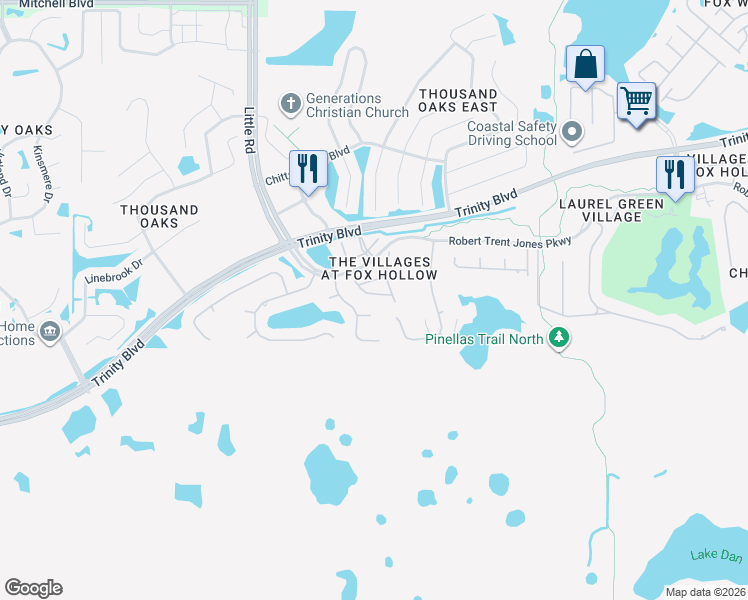 map of restaurants, bars, coffee shops, grocery stores, and more near 9233 Bonnington Drive in Trinity
