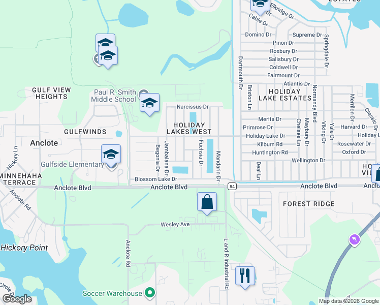 map of restaurants, bars, coffee shops, grocery stores, and more near 2727 Whether Drive in Holiday