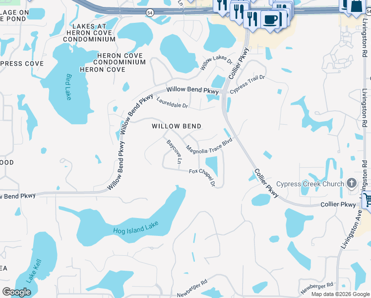 map of restaurants, bars, coffee shops, grocery stores, and more near 22536 Magnolia Trace Boulevard in Lutz