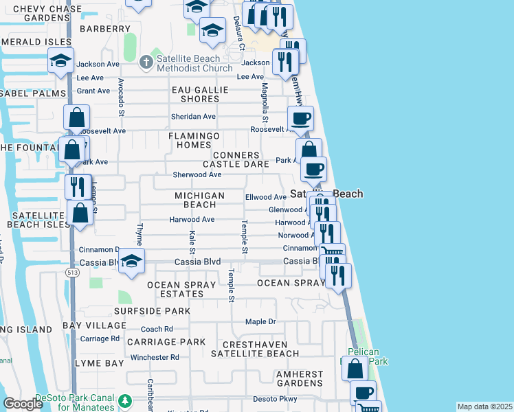 map of restaurants, bars, coffee shops, grocery stores, and more near 297 Ellwood Avenue in Satellite Beach