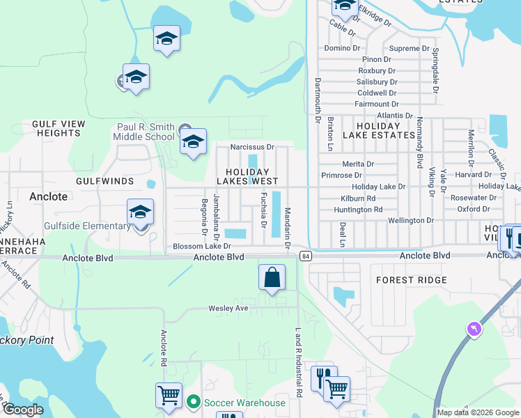 map of restaurants, bars, coffee shops, grocery stores, and more near 1202 Fuchsia Drive in Holiday
