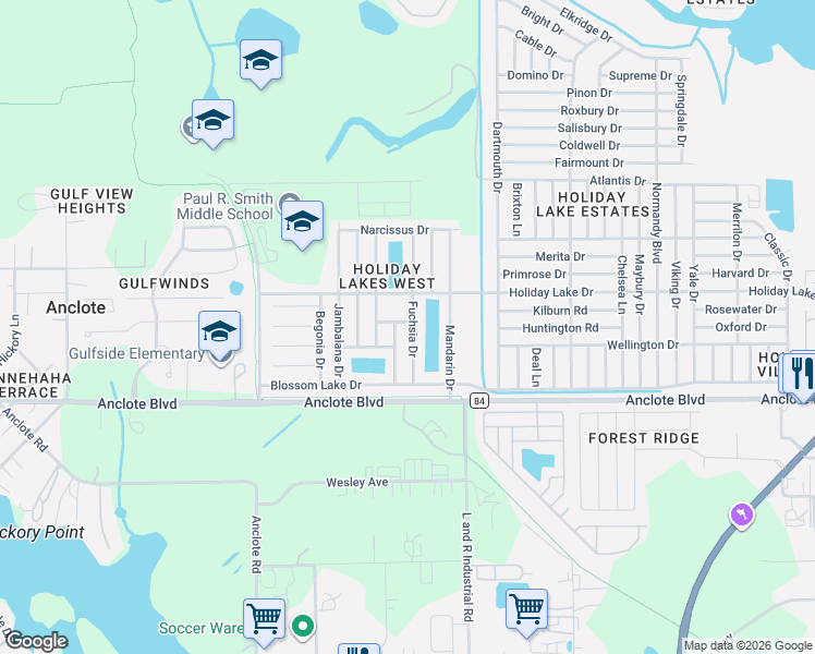 map of restaurants, bars, coffee shops, grocery stores, and more near 1202 Fuchsia Drive in Holiday