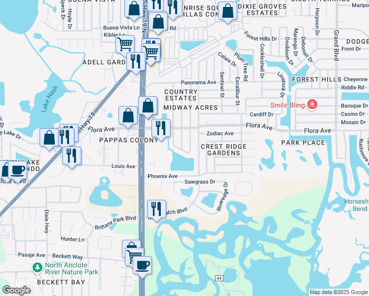 map of restaurants, bars, coffee shops, grocery stores, and more near 4655 Koala Drive in Holiday