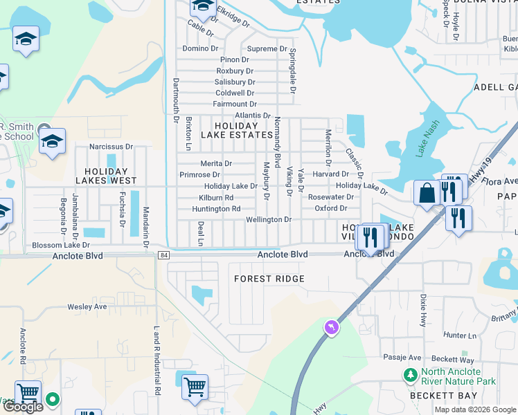 map of restaurants, bars, coffee shops, grocery stores, and more near 3300 Kilburn Road in Holiday