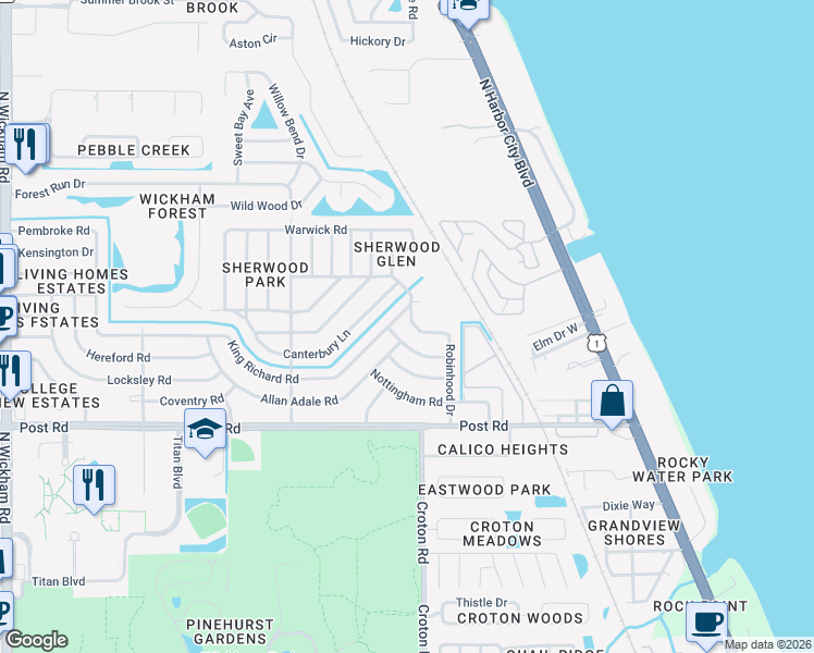 map of restaurants, bars, coffee shops, grocery stores, and more near 2114 King Richard Road in Melbourne