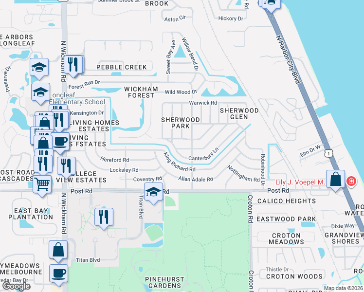 map of restaurants, bars, coffee shops, grocery stores, and more near 2394 Saint Dunston Lane in Melbourne