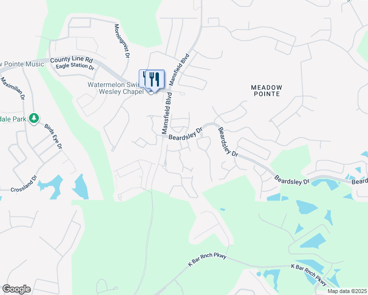 map of restaurants, bars, coffee shops, grocery stores, and more near 1315 Denman Court in Wesley Chapel