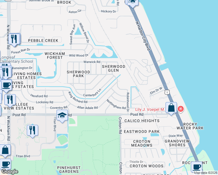 map of restaurants, bars, coffee shops, grocery stores, and more near 2192 Canterbury Lane in Melbourne