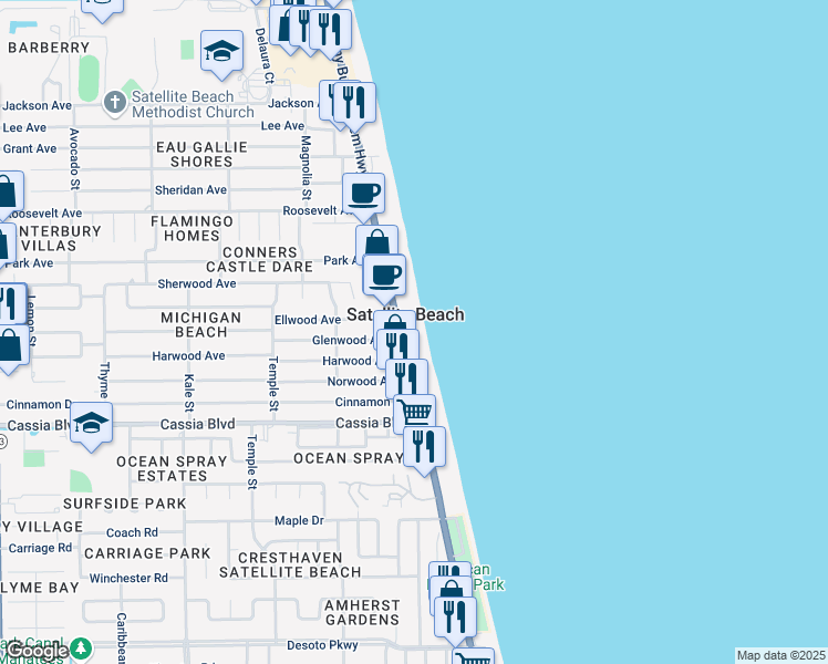 map of restaurants, bars, coffee shops, grocery stores, and more near 1303 Florida A1A in Satellite Beach