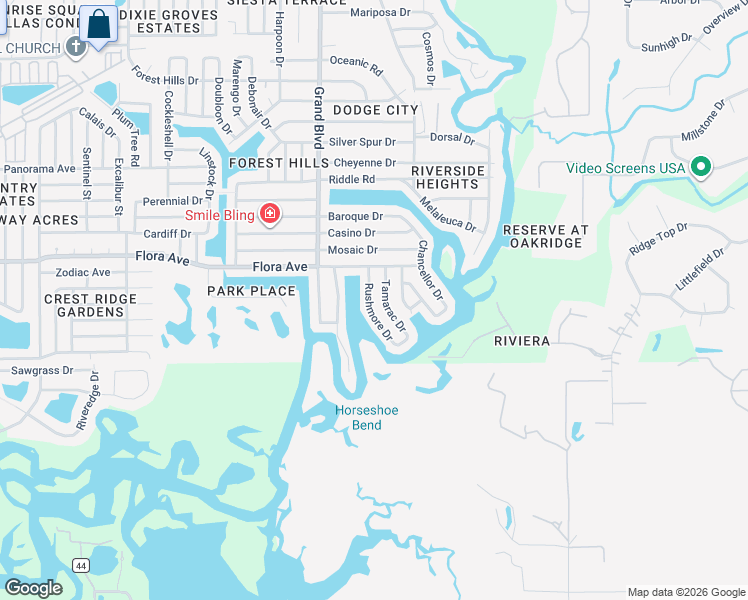 map of restaurants, bars, coffee shops, grocery stores, and more near 1130 Rushmore Drive in Holiday