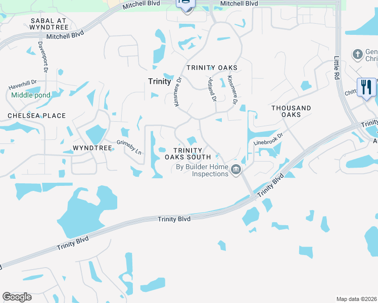 map of restaurants, bars, coffee shops, grocery stores, and more near 1122 Maravista Drive in Trinity
