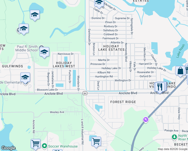 map of restaurants, bars, coffee shops, grocery stores, and more near 1203 Dartmouth Drive in Holiday
