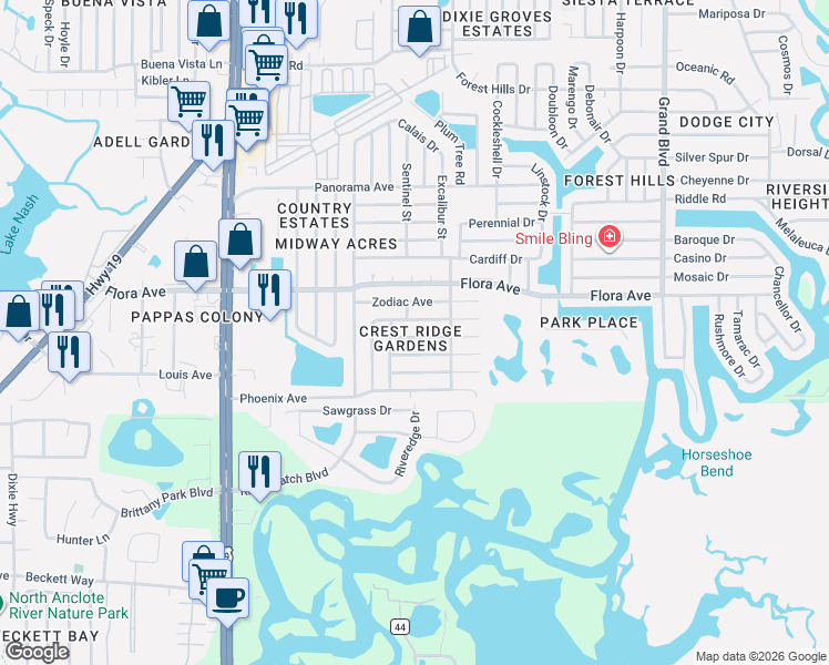map of restaurants, bars, coffee shops, grocery stores, and more near 4907 Picture Avenue in Holiday