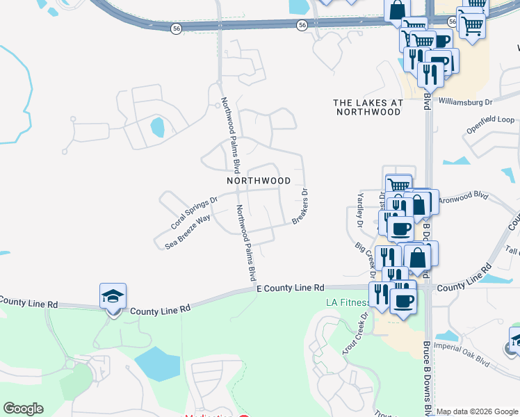 map of restaurants, bars, coffee shops, grocery stores, and more near 1305 Key West Court in Wesley Chapel