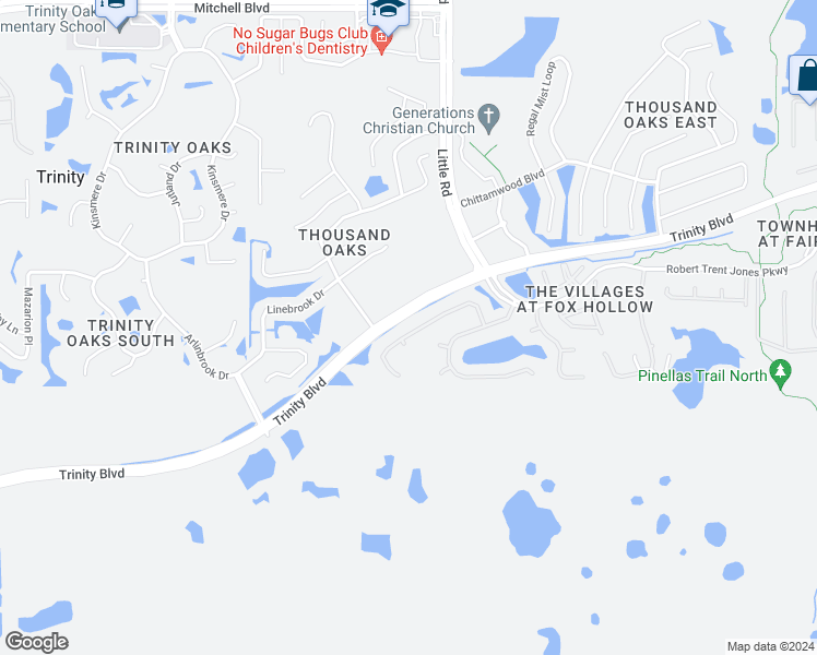 map of restaurants, bars, coffee shops, grocery stores, and more near 8849 Bel Meadow Way in Trinity