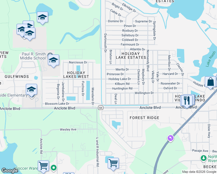 map of restaurants, bars, coffee shops, grocery stores, and more near 1203 Dartmouth Drive in Holiday