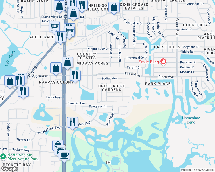 map of restaurants, bars, coffee shops, grocery stores, and more near 1130 Powersong Street in Holiday