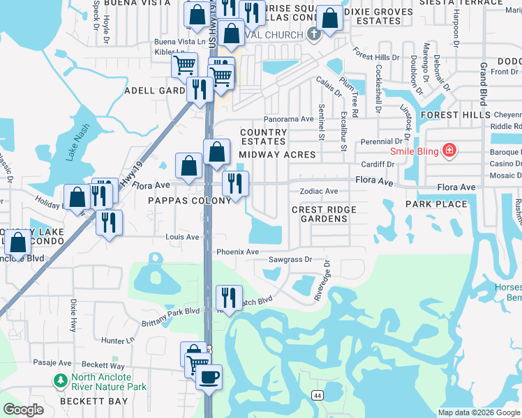 map of restaurants, bars, coffee shops, grocery stores, and more near 1142 Honor Drive in Holiday
