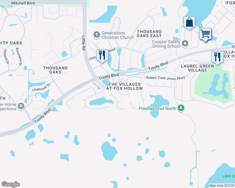 map of restaurants, bars, coffee shops, grocery stores, and more near 9233 Bonnington Drive in Trinity