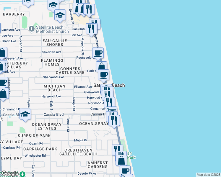 map of restaurants, bars, coffee shops, grocery stores, and more near 1303 Florida A1A in Satellite Beach