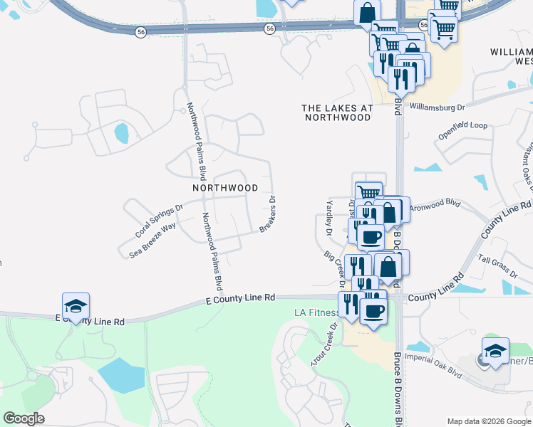 map of restaurants, bars, coffee shops, grocery stores, and more near 27446 Waikiki Court in Wesley Chapel