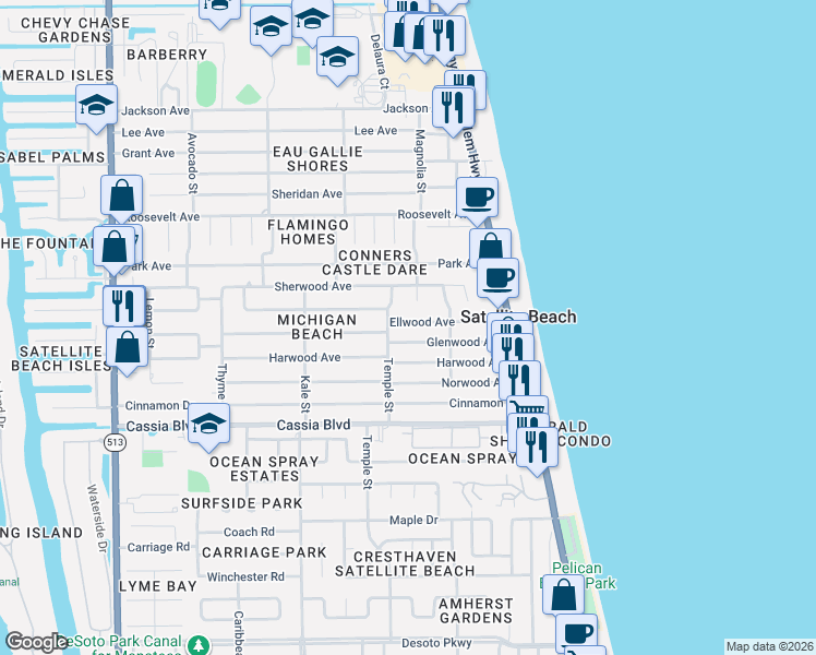 map of restaurants, bars, coffee shops, grocery stores, and more near 279 Ellwood Avenue in Satellite Beach