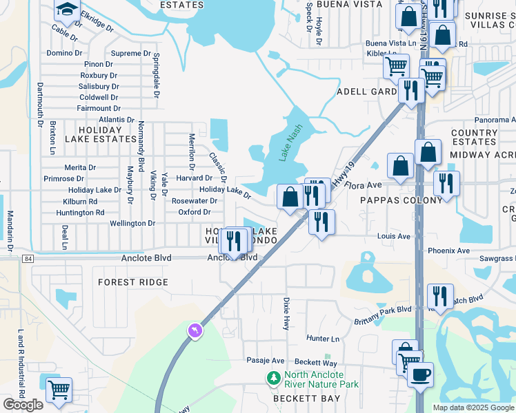 map of restaurants, bars, coffee shops, grocery stores, and more near 3836 Holiday Lake Drive in Holiday