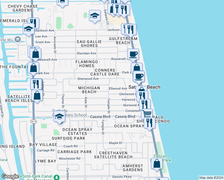 map of restaurants, bars, coffee shops, grocery stores, and more near 289 Ellwood Avenue in Satellite Beach